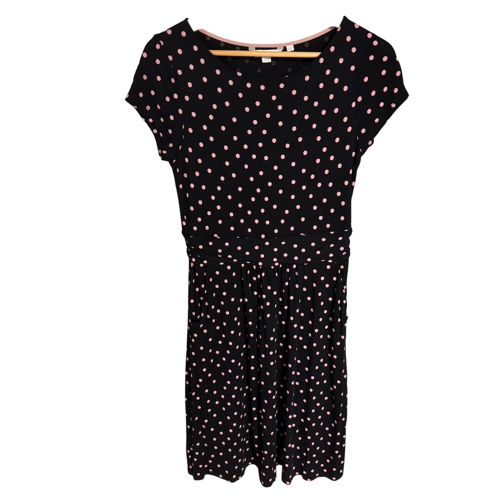 Boden Polka Dot Jersey Dress Black Pink Short Sleeve Fit Flare US 6R J0326